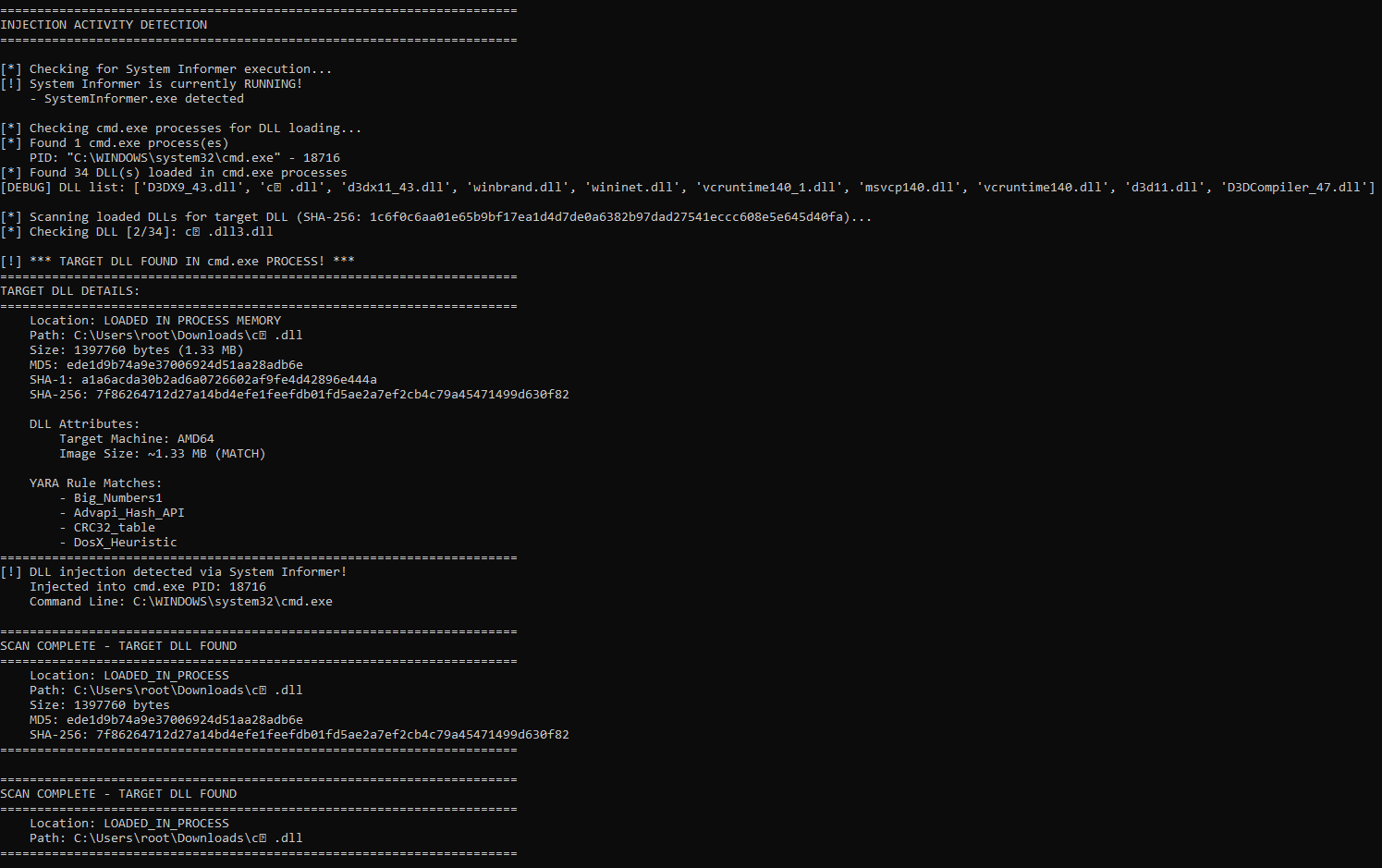 Purge-DLL-Sniffer tool showing injection activity detection scan results